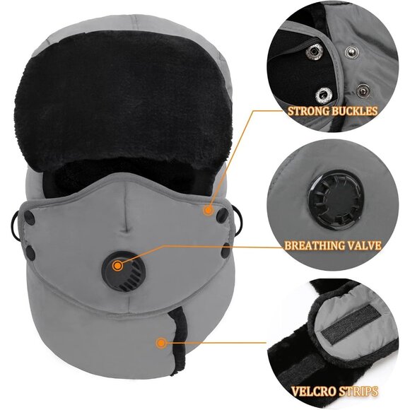 Unisex Gray Winter Trapper Hat Russian with Ear Flap Mask Aviator Cold Weather - Picture 6 of 6